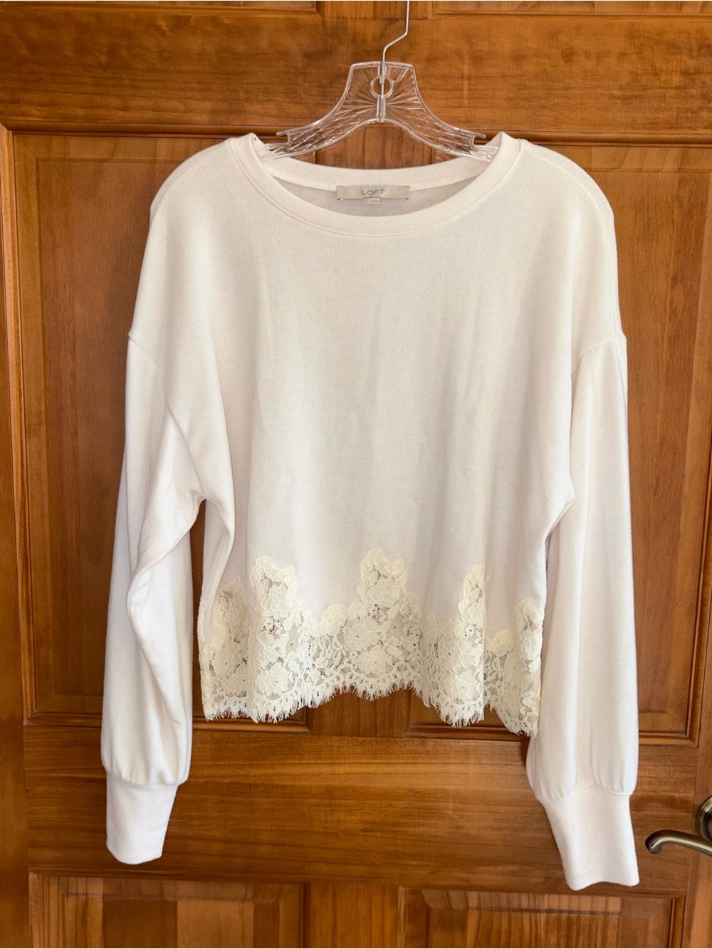 LOFT Cream Lace-Hem Pullover Soft Knit Sweatshirt, Ribbed Sleeve, Women's M,